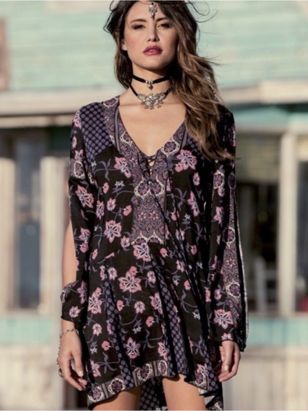 O'Neill Anna Sui Dottie Black Boho Tunic Dress with Pink Floral Print